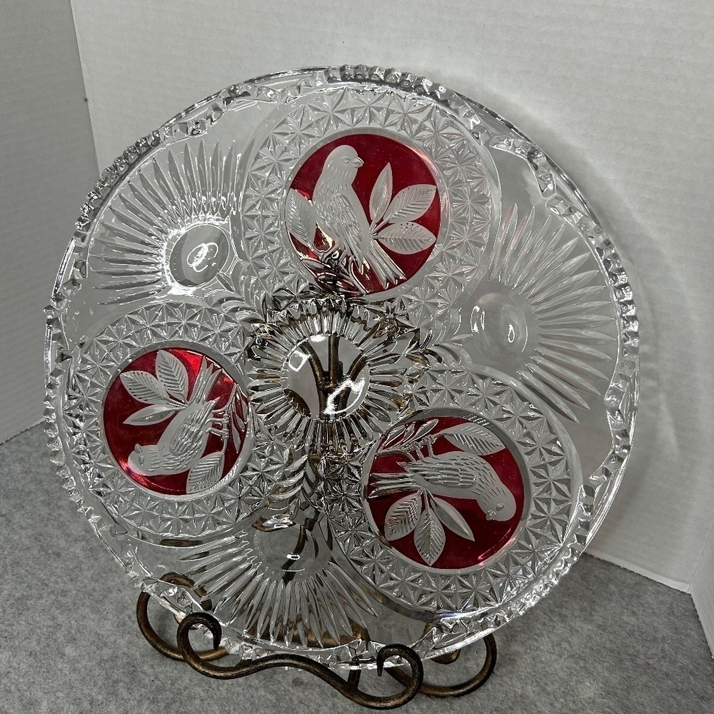 Amaris Nachtmann Etched Crystal Red Bird Design Cake Plate 12” No Flaws Stunning